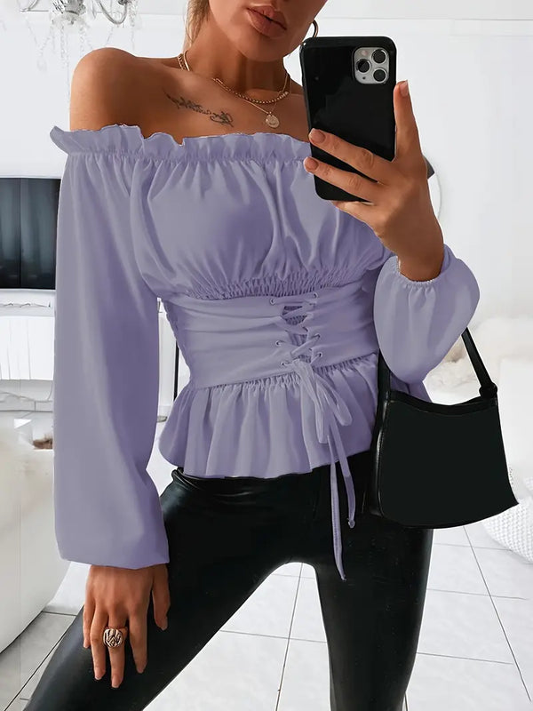 MonLu - Off shoulder top met verstelbare taille