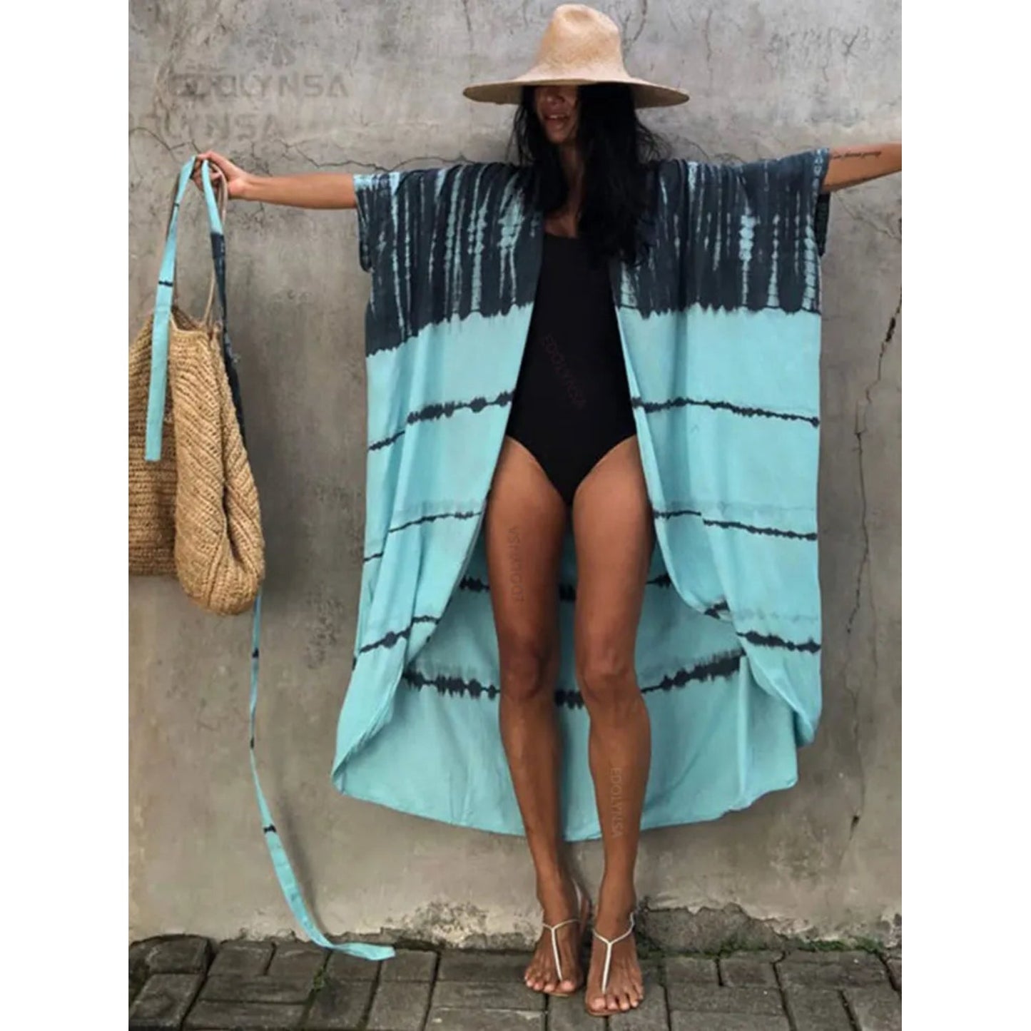 blauw gestreepte MODA kimono met V-halslijn