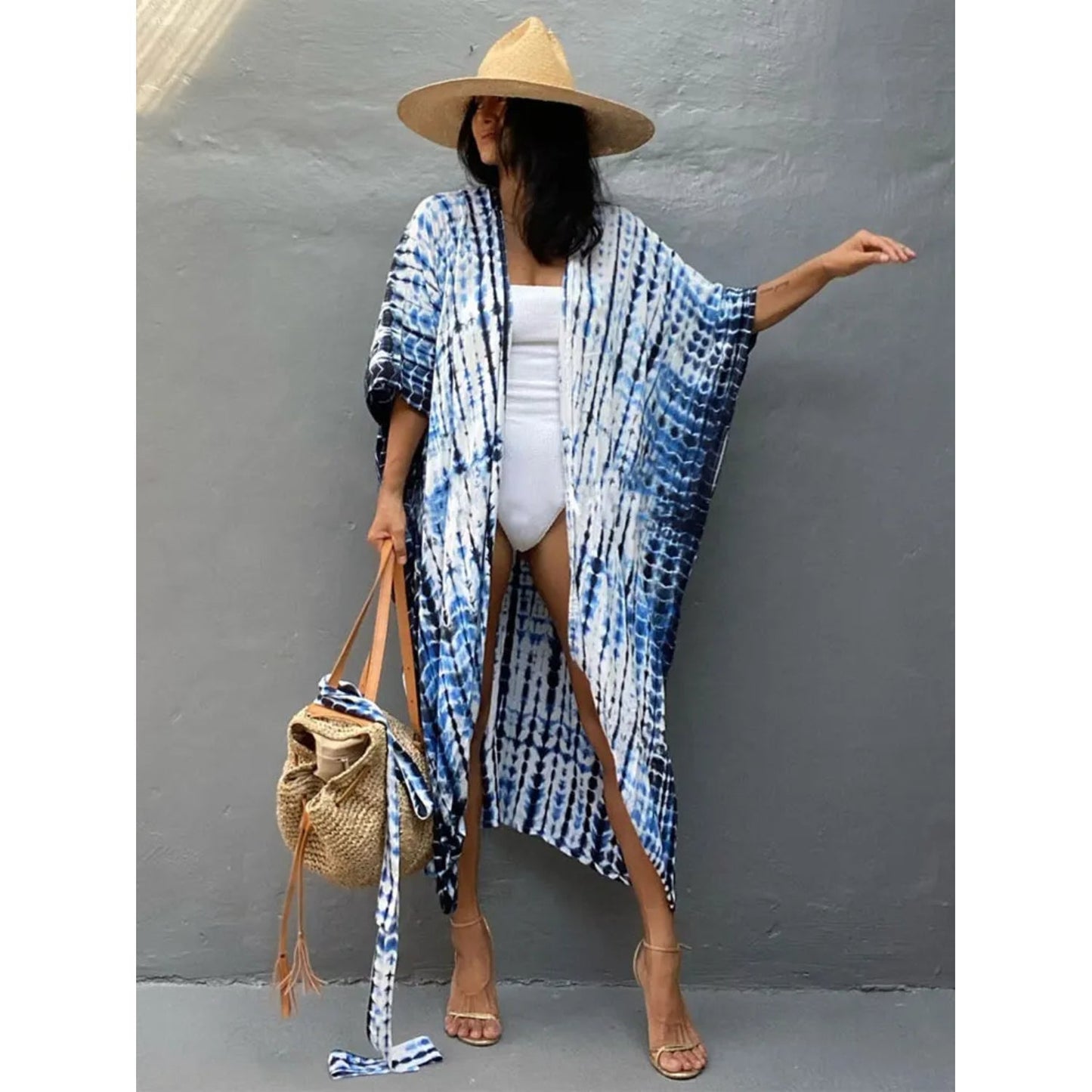 blauw gestreepte MODA kimono met V-halslijn