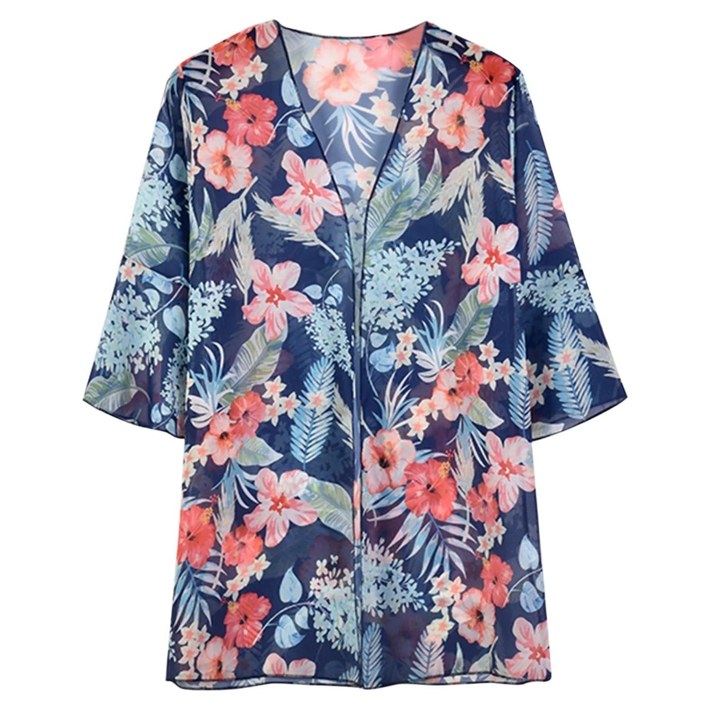 blauwe kimono met bloemenpatroon en V-halslijn