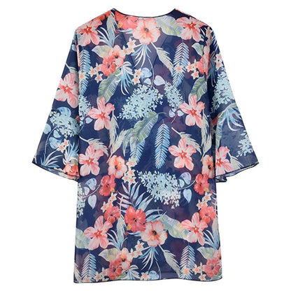 blauwe kimono met bloemenpatroon en V-halslijn