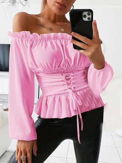 MonLu - Off shoulder top met verstelbare taille