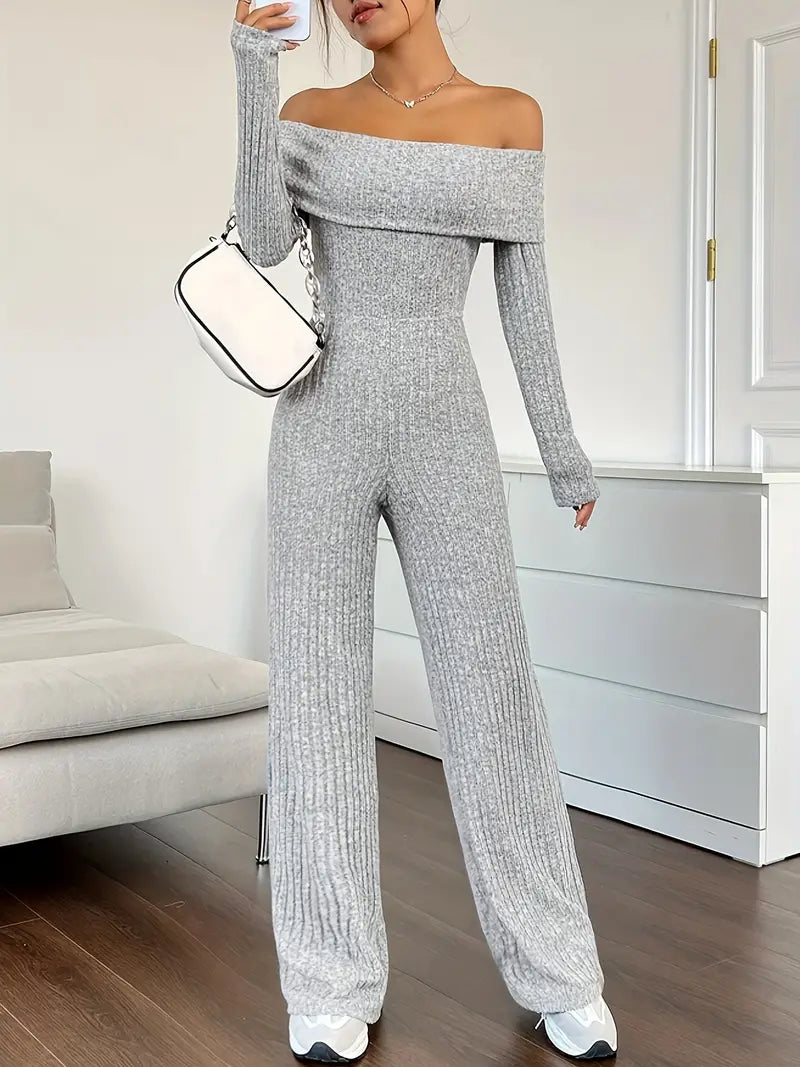 ByLinn - Geribbelde off-shoulder jumpsuit voor dames