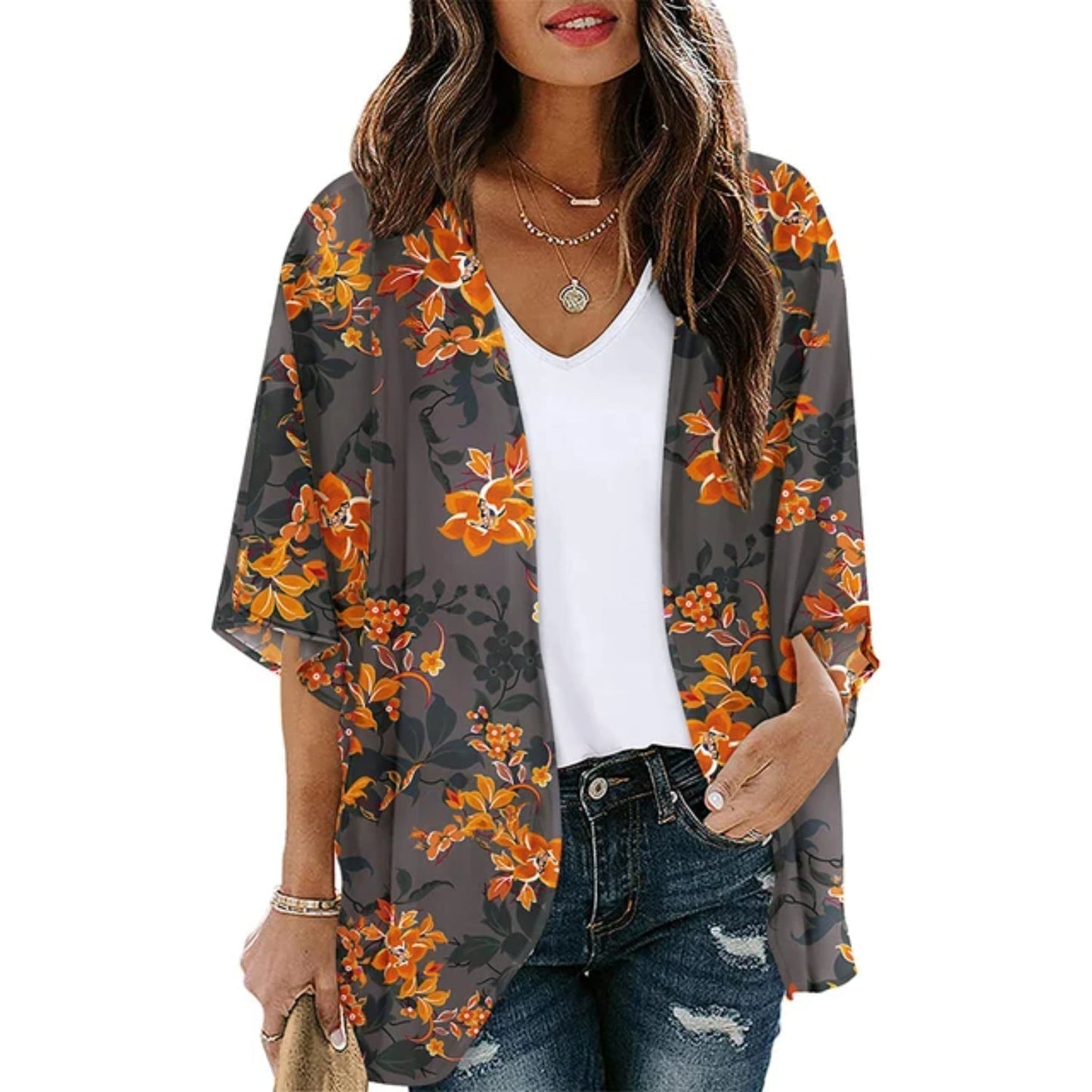 lichte kimono met blauwe opdruk en V-hals