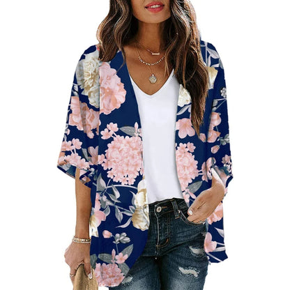 lichte kimono met blauwe opdruk en V-hals