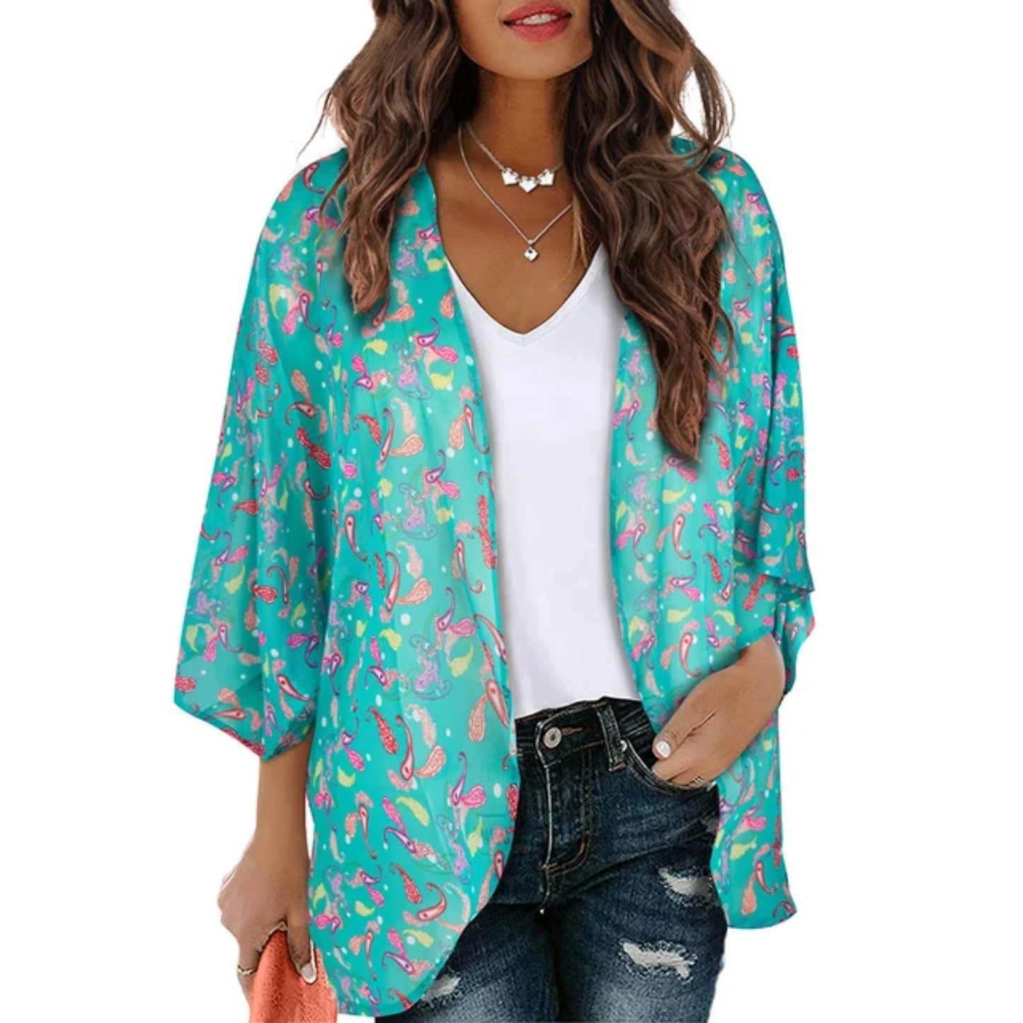 lichte kimono met blauwe opdruk en V-hals