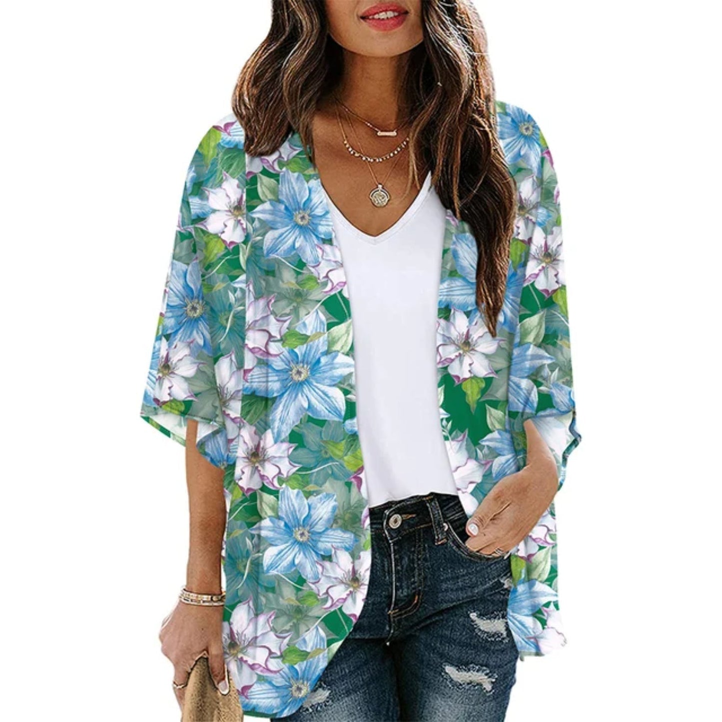 lichte kimono met blauwe opdruk en V-hals