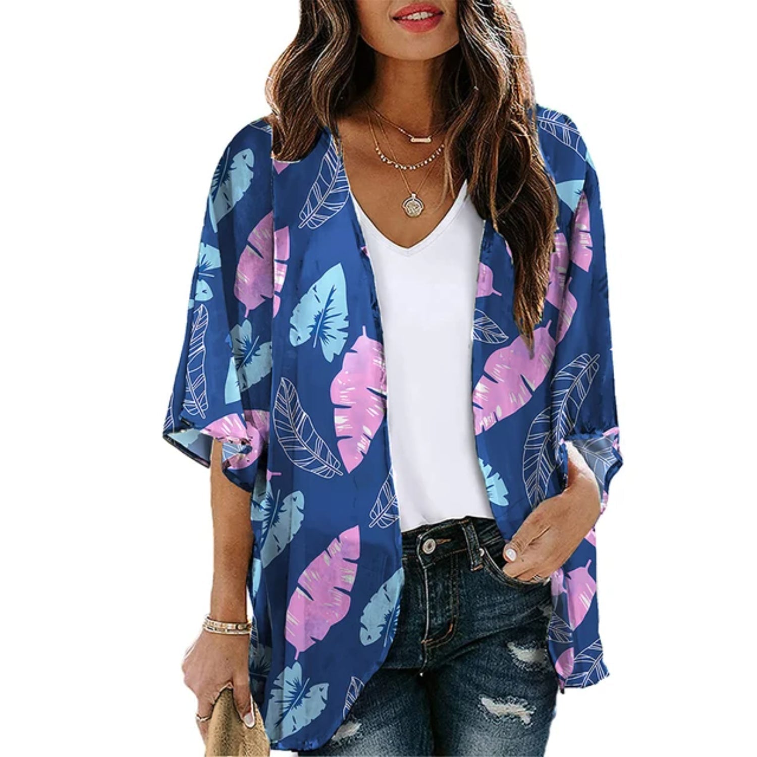 lichte kimono met blauwe opdruk en V-hals