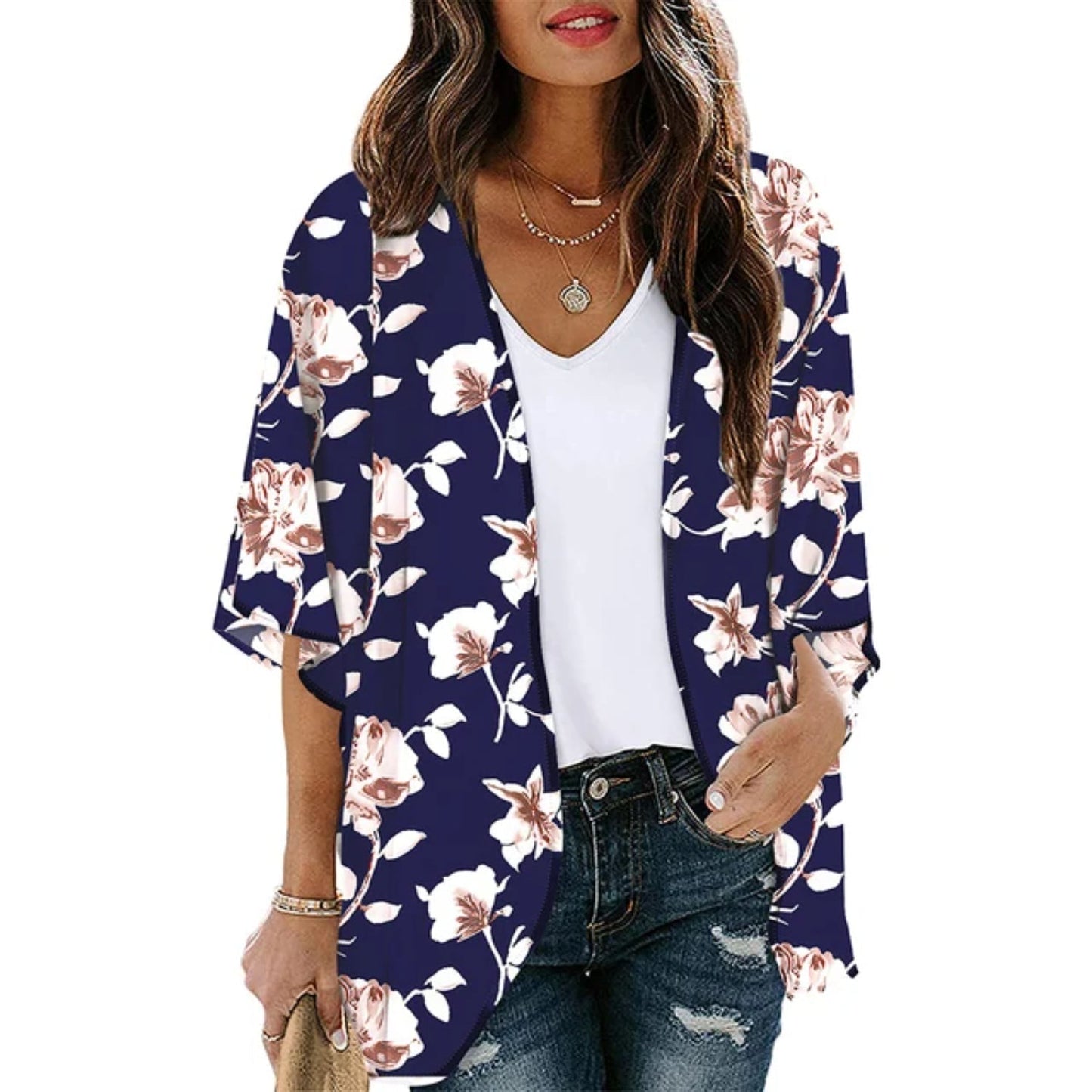 lichte kimono met blauwe opdruk en V-hals