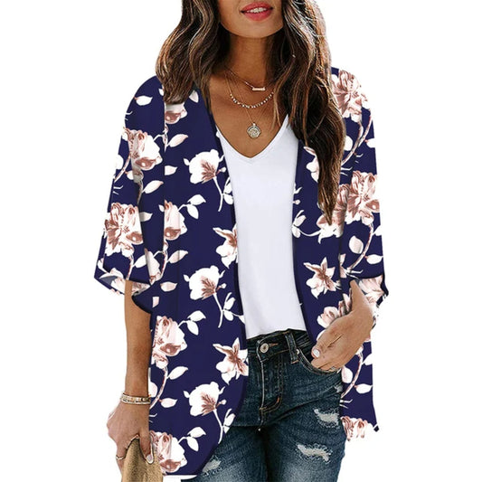 lichte kimono met blauwe opdruk en V-hals